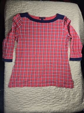 Tommy Hilfiger Red Plaid Top with Navy Trim